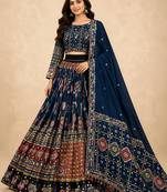 Navy Blue Muslin Cotton Navratri Chaniya Choli with Mirror Work & Dupatta