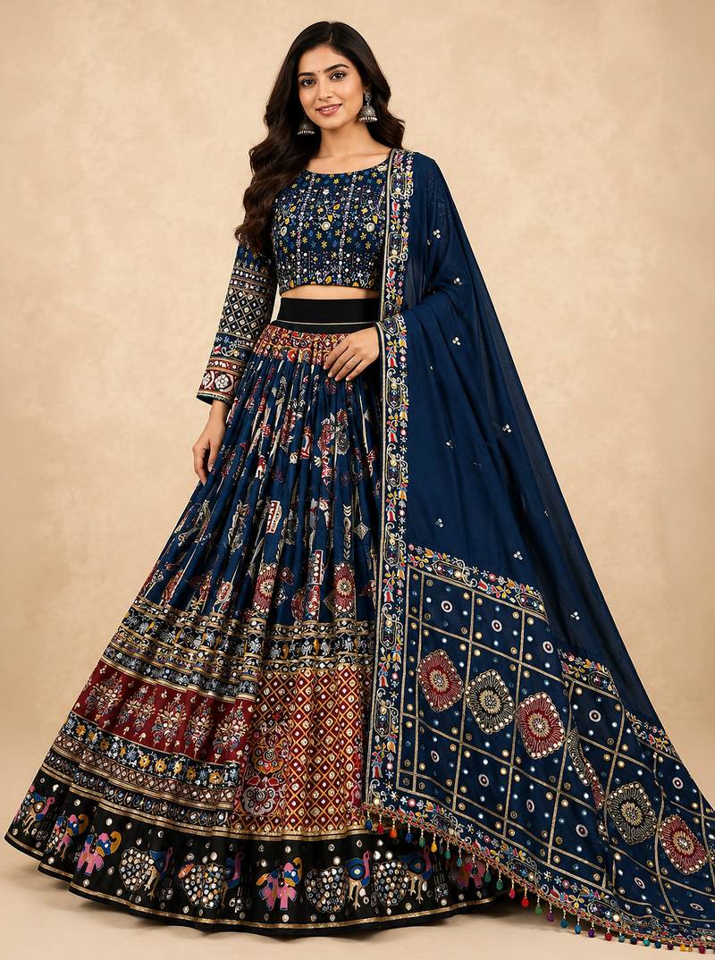 Navy Blue Muslin Cotton Navratri Chaniya Choli with Mirror Work & Dupatta