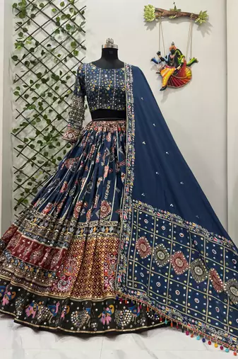 Navy Blue Muslin Cotton Navratri Chaniya Choli with Mirror Work & Dupatta