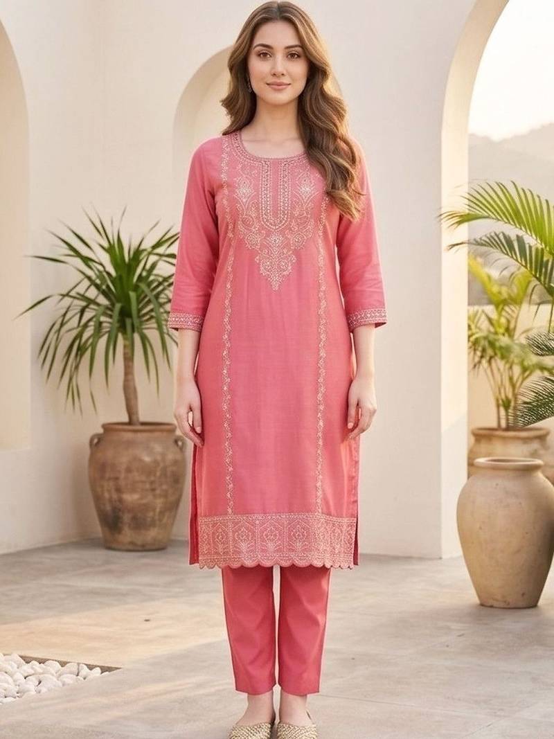 Women ethnic motifs embroidered regular thread work kurta with trousers & with dupatta
