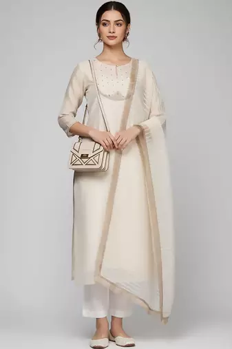 Women regular thread work kurta with trousers & with dupatta