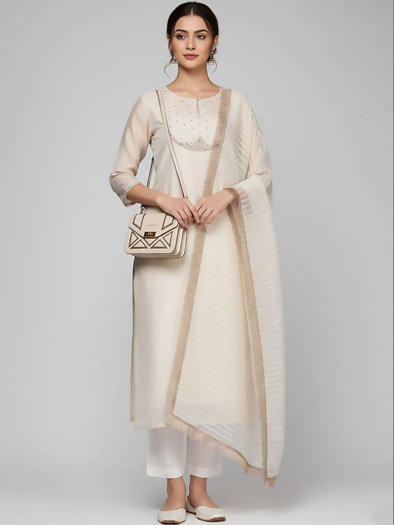 Women regular thread work kurta with trousers & with dupatta