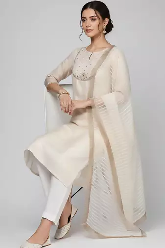 Women regular thread work kurta with trousers & with dupatta