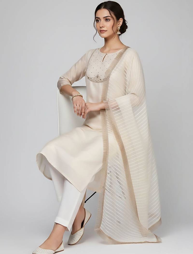 Women regular thread work kurta with trousers & with dupatta