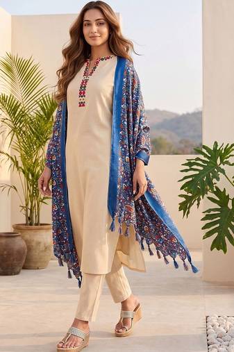 Women ethnic motifs embroidered thread work kurta with trousers & with dupatta