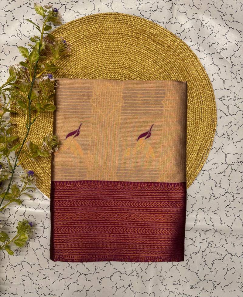 New Banarasi Silk Blend Brown Color Woven Saree With Blouse Set For Women's