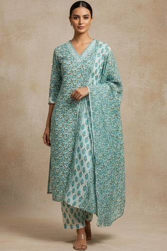 Women ethnic motifs printed cotton kurta with trousers & with dupatta