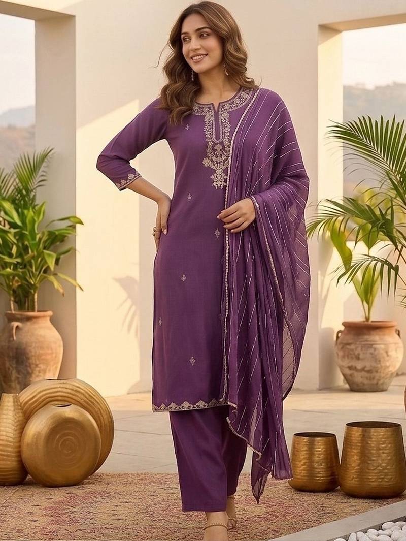 Women ethnic motifs embroidered regular thread work kurta with trousers & with dupatta