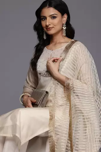 Floral yoke design regular sequinned kurta with trousers & dupatta