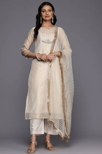 Floral yoke design sequinned kurta with trousers & dupatta