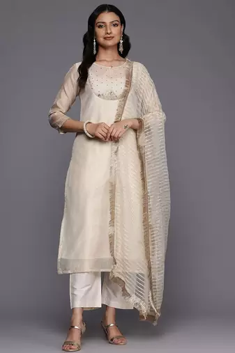 Floral yoke design regular sequinned kurta with trousers & dupatta