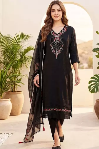 Women floral embroidered regular thread work kurta with trousers & with dupatta