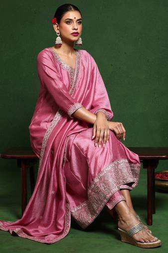 Floral embroidered round neck a-line kurta with trousers and dupatta