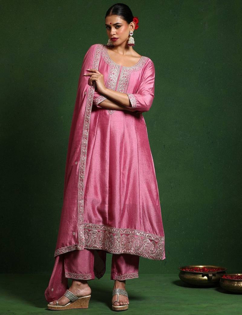 Floral embroidered round neck a-line kurta with trousers and dupatta