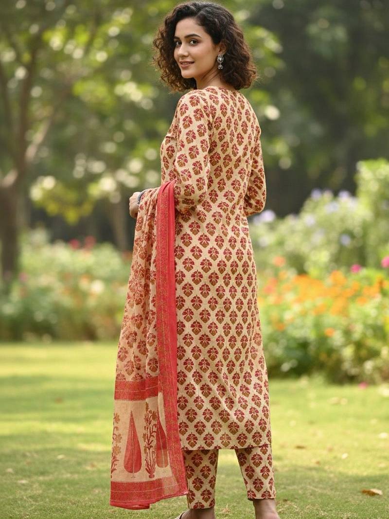 Women ethnic motifs printed regular pure cotton kurta with trousers & with dupatta