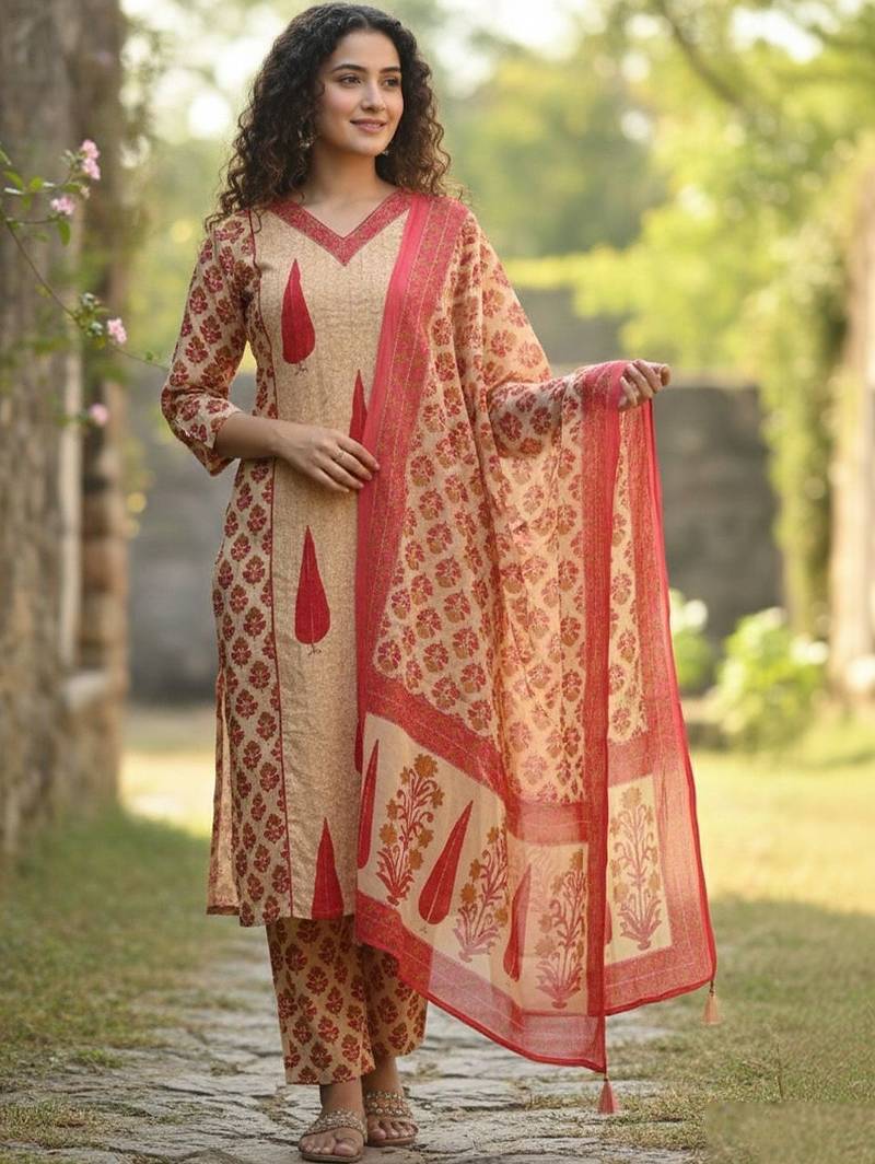 Women ethnic motifs printed regular pure cotton kurta with trousers & with dupatta