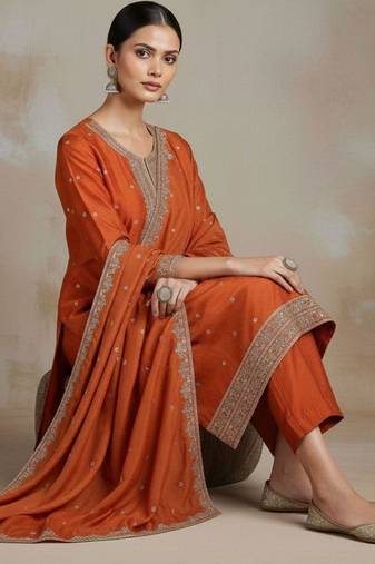 Women ethnic motifs embroidered regular thread work kurta with trousers & with dupatta