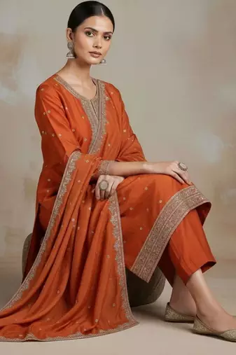 Women ethnic motifs embroidered regular thread work kurta with trousers & with dupatta