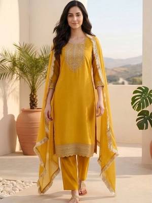Women ethnic motifs embroidered regular thread work kurta with trousers & with dupatta 1