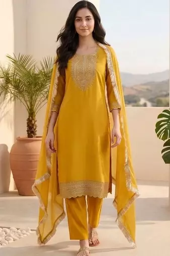 Women ethnic motifs embroidered regular thread work kurta with trousers & with dupatta