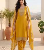 Women ethnic motifs embroidered regular thread work kurta with trousers & with dupatta