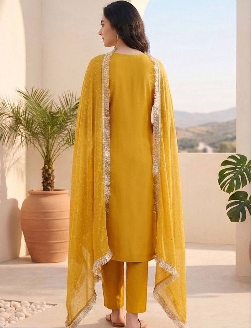 Women ethnic motifs embroidered regular thread work kurta with trousers & with dupatta