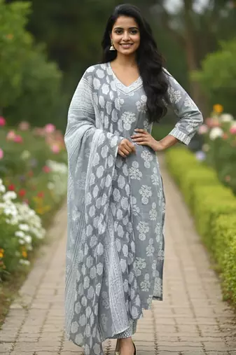 Women floral printed regular kurta with trousers & with dupatta
