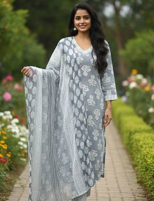 Women floral printed regular kurta with trousers & with dupatta 5