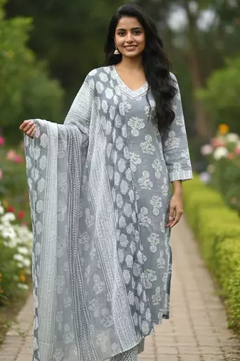Women floral printed regular kurta with trousers & with dupatta