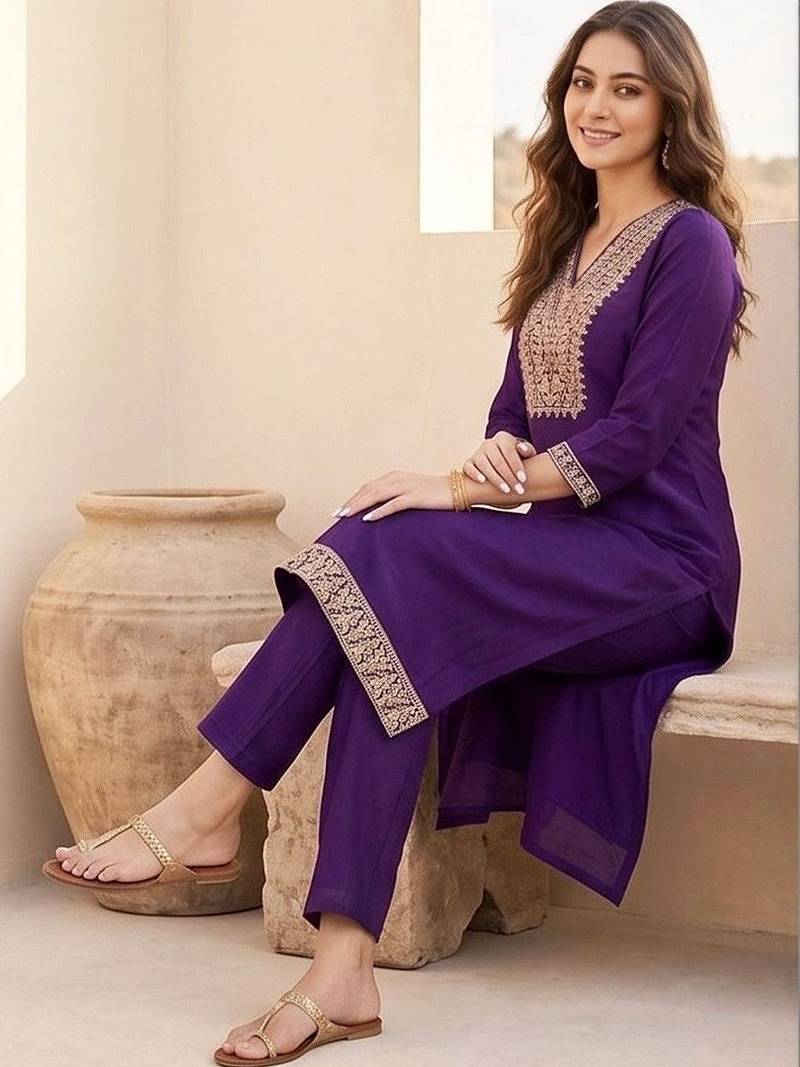 Women ethnic motifs embroidered regular thread work kurta with trousers & with dupatta