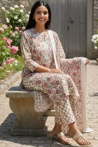 Women floral printed regular pure cotton kurta with trousers & with dupatta