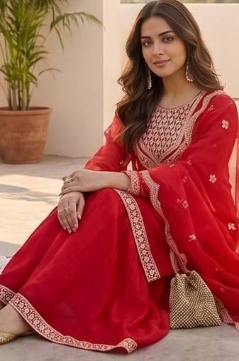 Women ethnic motifs embroidered thread work kurta with sharara & with dupatta