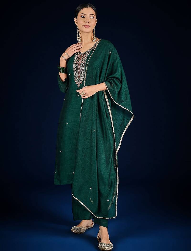 Floral yoke design beads and stones kurta with trousers & dupatta