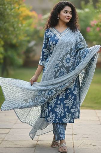 Women floral printed regular pure cotton kurta with trousers & with dupatta