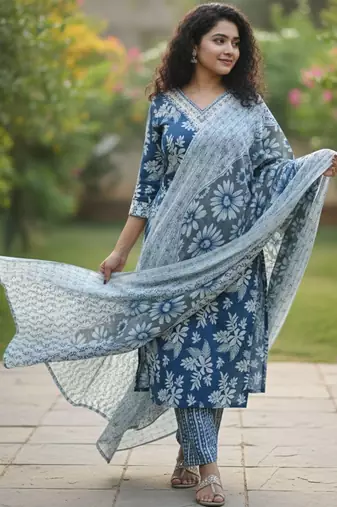 Women floral printed regular pure cotton kurta with trousers & with dupatta