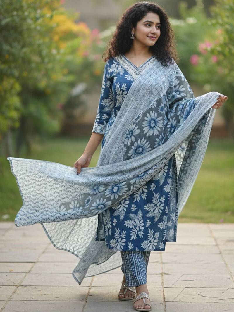 Women floral printed regular pure cotton kurta with trousers & with dupatta
