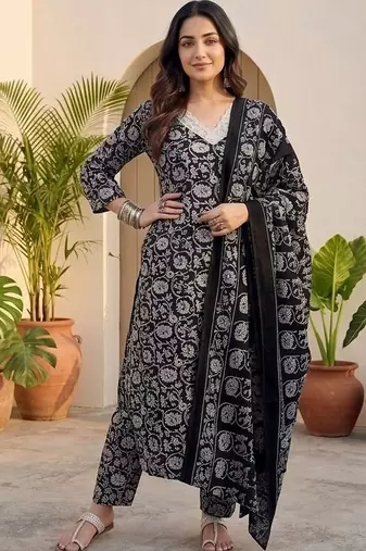 Women floral printed regular kurta with trousers & with dupatta