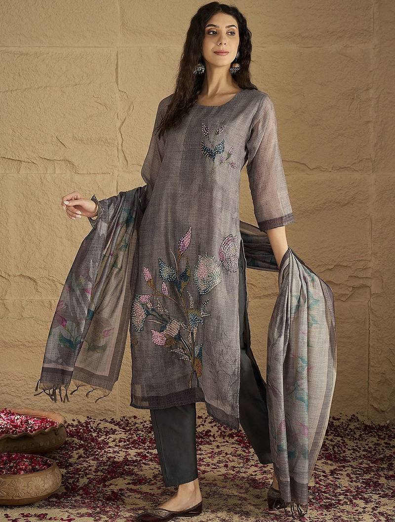 Women floral regular beads and stones kurta with trousers & dupatta