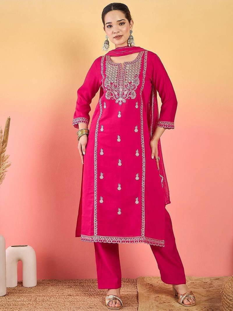 Women ethnic motifs embroidered thread work kurta with trousers & dupatta
