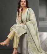 Women floral printed regular thread work chanderi cotton kurta with trousers & with dupatta