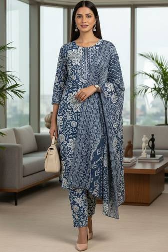 Women floral printed regular pure cotton kurta with trousers & dupatta