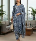 Women floral printed regular pure cotton kurta with trousers & dupatta