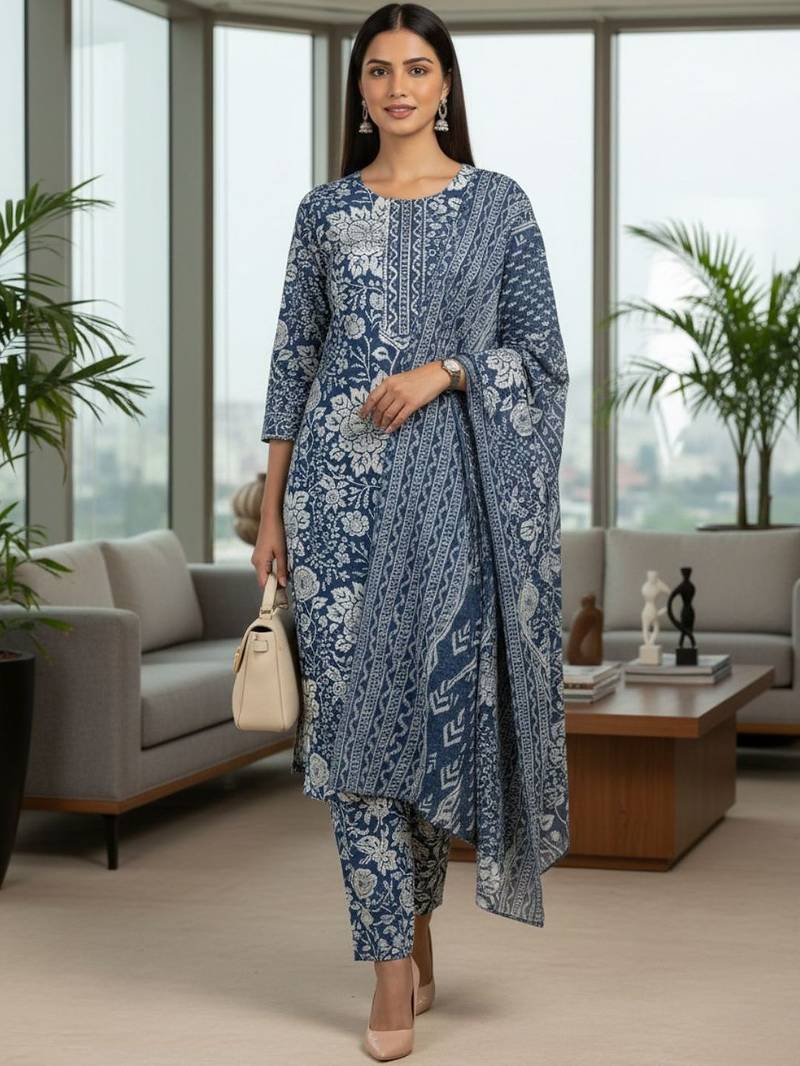 Women floral printed regular pure cotton kurta with trousers & dupatta