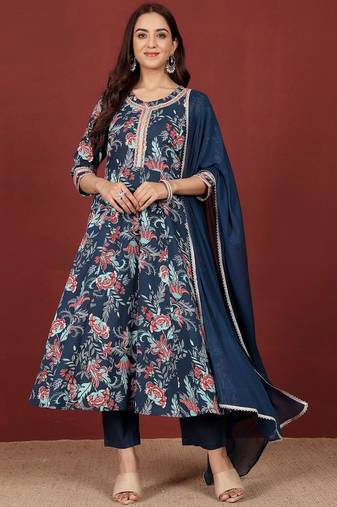 Women floral printed regular pure cotton kurta, trousers with dupatta