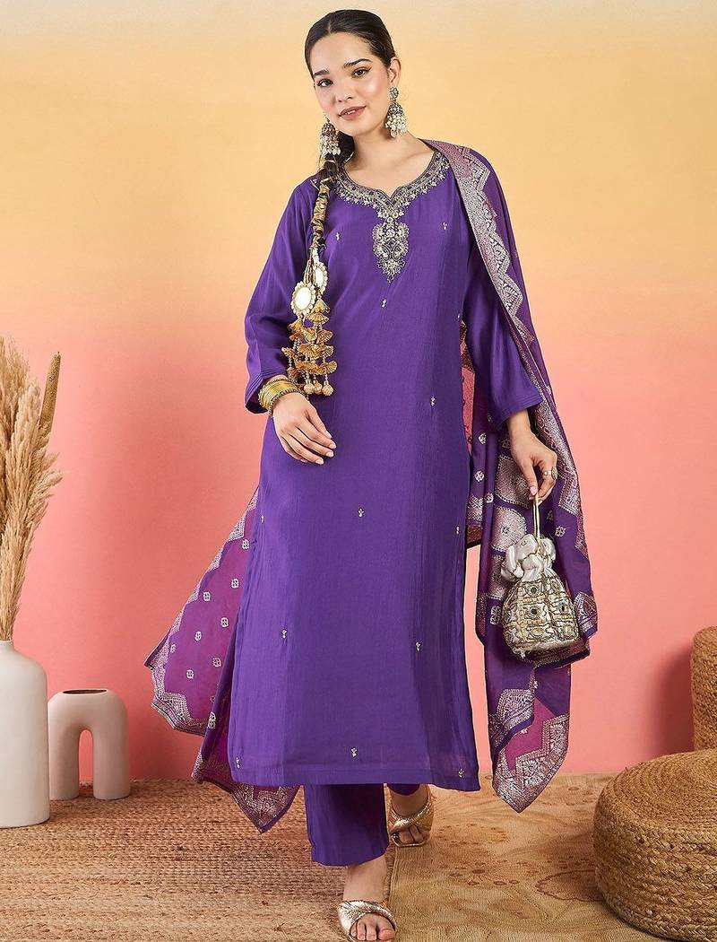 Women ethnic motifs embroidered beads and stones kurta with trouser & dupatta