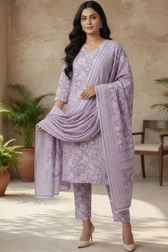 Women floral printed cotton kurta with trousers & with dupatta