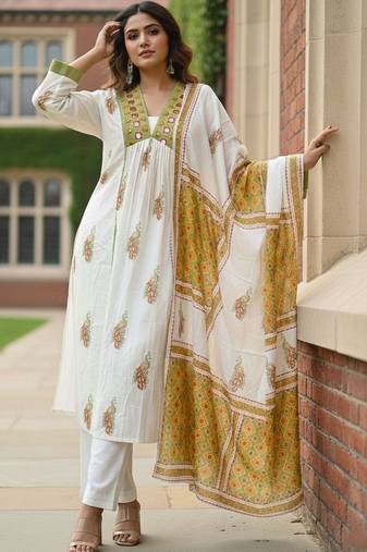 Women ethnic motifs printed empire mirror work pure cotton kurta with trousers & with dupatta