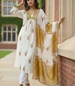 Women ethnic motifs printed empire mirror work pure cotton kurta with trousers & with dupatta