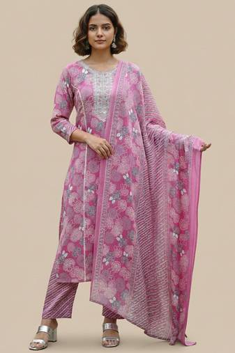 Women ethnic motifs printed thread work cotton kurta with trousers & with dupatta