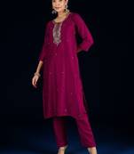 Women embroidered regular beads and stones kurta with trousers & dupatta